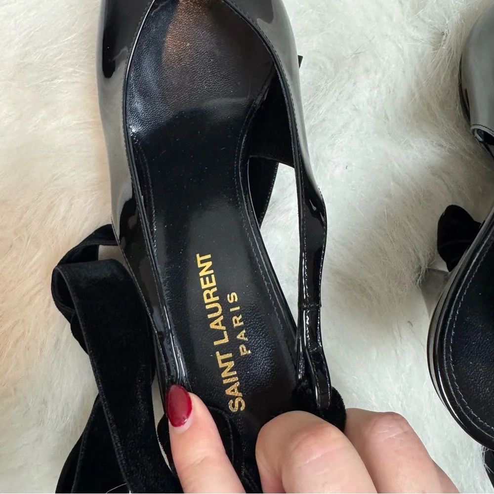 Saint Laurent Kika 55 Lace Up Patent Leather Sling Back Heels - Picture 8 of 11